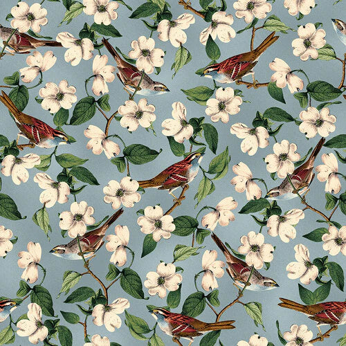 He Leads Me Birds Branches Floral Allover Slate Blue Multi Christine Adolph Blank Quilting Cotton Fabric