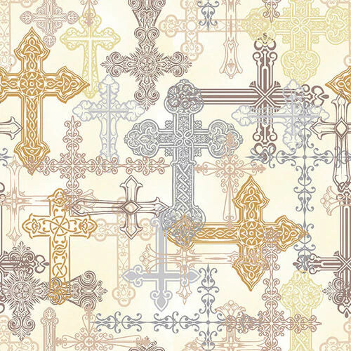 He Leads Me Crosses Allover Ivory Cream Christine Adolph Blank Quilting Cotton Fabric