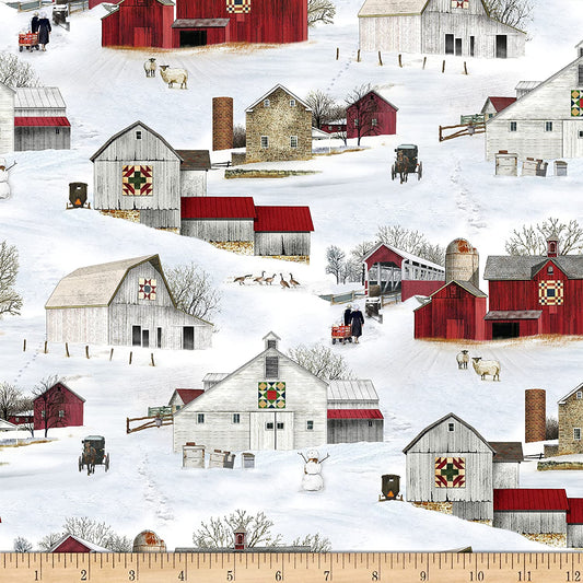 Headin Home Barns Allover Snow Cotton Fabric