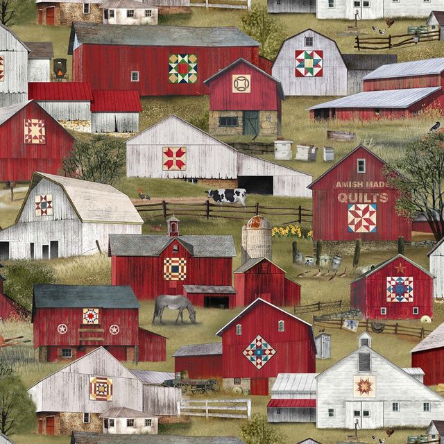 Heading Home Red and White Barn Quilts Farm Cotton Fabric