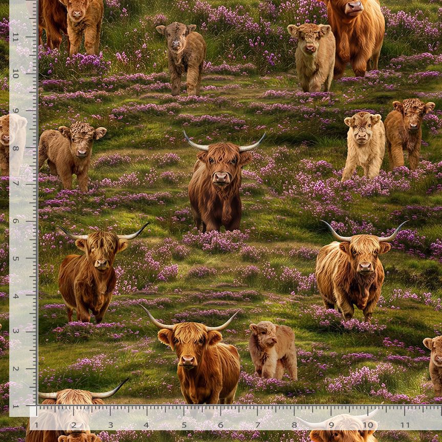 Heather and Highland Cows Lavender Fields Brown Timeless Treasures Cotton Fabric TT-WEST-CD4396-MEADOW