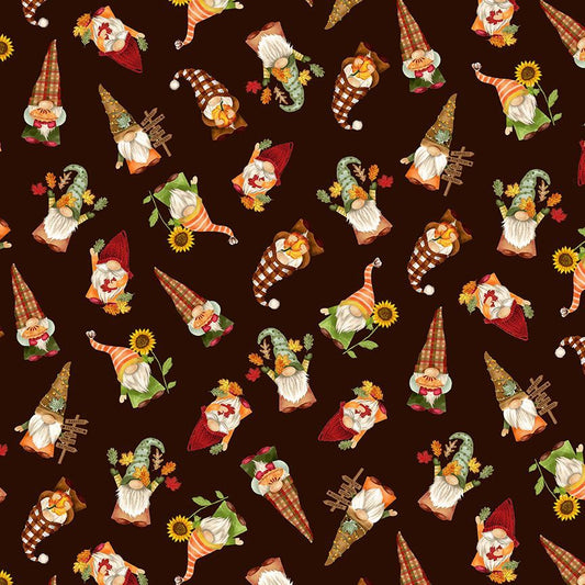 Hello Fall Cute Harvest Gnomes Brown Gail Cadden Timeless Treasures Cotton Fabric