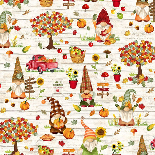 Hello Fall Gnomes Pumpkin Patch and Apple Picking Cream Gail Cadden Timeless Treasures Cotton Fabric