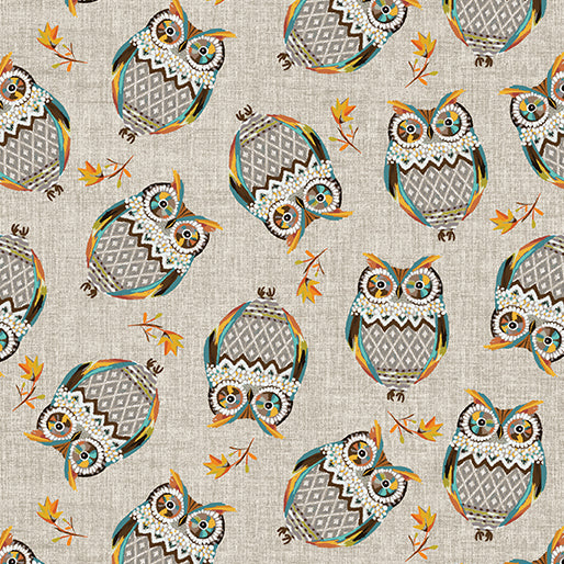 Hello Fall Tossed Owls Taupe Jessica Flick Benartex Cotton Fabric