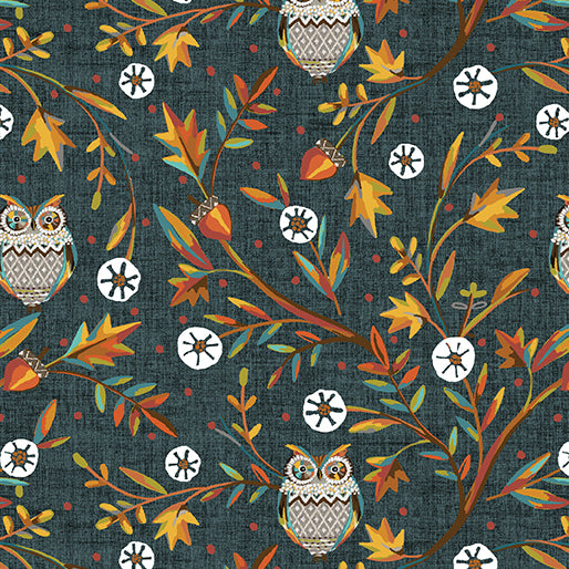 Hello Fall Woodland Vine Owls Lt.Teal Jessica Flick Benartex Cotton Fabric