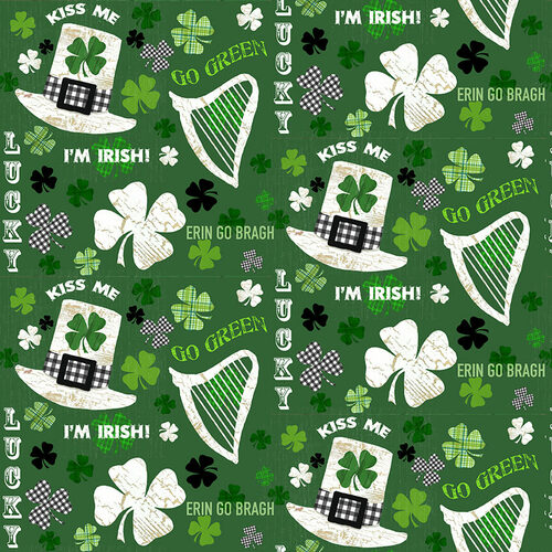 Hello Lucky Irish Motifs and Words Green Andrea Tacheira Henry Glass Cotton Fabric