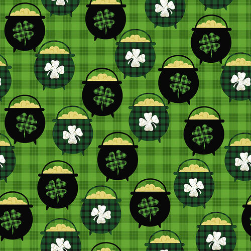 Hello Lucky Pot of Gold Green Andrea Tacheira Henry Glass Cotton Fabric HG-9737-66 | US Fabric Shop