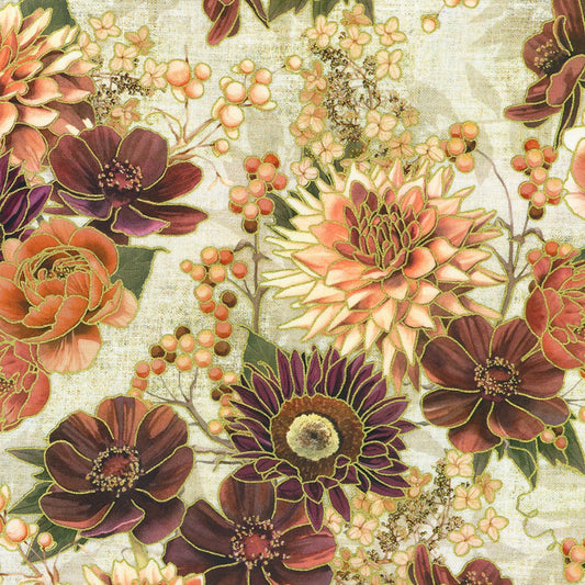 Hello Fall Large Florals Linen Beige Lynnea Washburn Robert Kaufman Cotton Fabric RK-AWHDM-23917-156