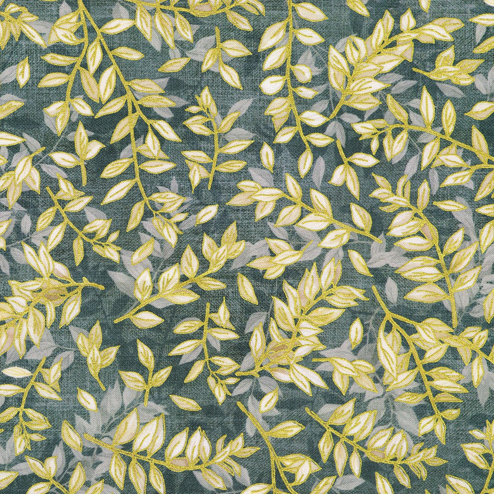 Hello Fall Foliage Dusty Blue Gold Metallic Lynnea Washburn Robert Kaufman Cotton Fabric RK-AWHDM-23919-68