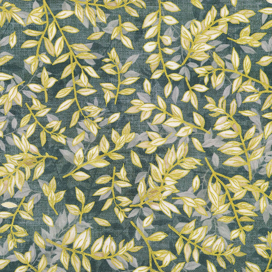 Hello Fall Foliage Dusty Blue Gold Metallic Lynnea Washburn Robert Kaufman Cotton Fabric RK-AWHDM-23919-68