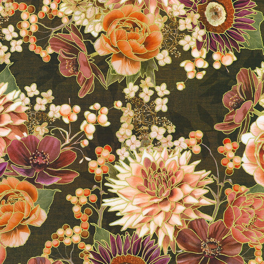Hello Fall Large Florals Chestnut Brown Gold Metallic Lynnea Washburn Robert Kaufman Cotton Fabric RK-AWHDM-23917-342