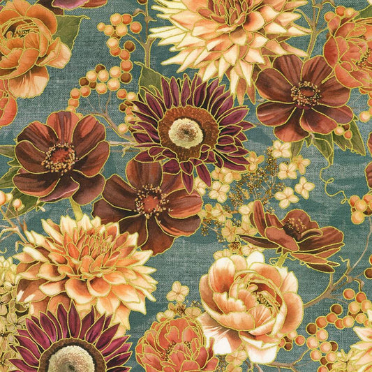 Hello Fall Large Florals Dusty Blue Gold Metallic Lynnea Washburn Robert Kaufman Cotton Fabric RK-AWHDM-23917-68