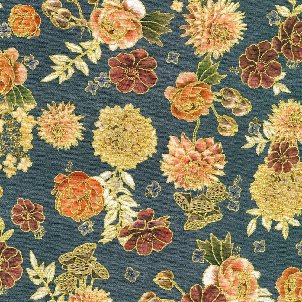 Hello Fall Medium Floral Denim Blue Gold Metallic Lynnea Washburn Robert Kaufman Cotton Fabric RK-AWHDM-23918-67