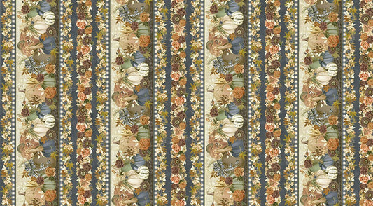 Hello Fall Pumpkin Stripe Denim Blue Gold Metallic Lynnea Washburn Robert Kaufman Cotton Fabric RK-AWHDM-23914-67