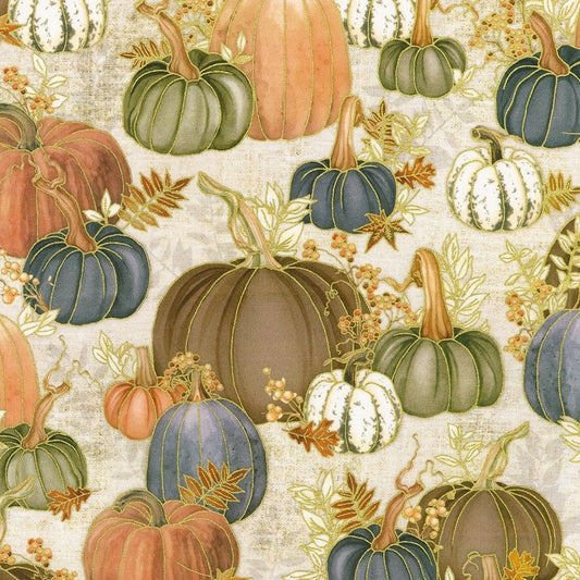Hello Fall Pumpkins Fall Leaves Linen Beige Gold Metallic Lynnea Washburn Robert Kaufman Cotton Fabric RK-AWHDM-23916-156