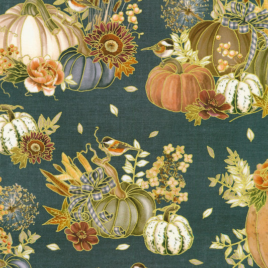 Hello Fall Pumpkins Florals Denim Blue Gold Metallic Lynnea Washburn Robert Kaufman Cotton Fabric RK-AWHDM-23915-67