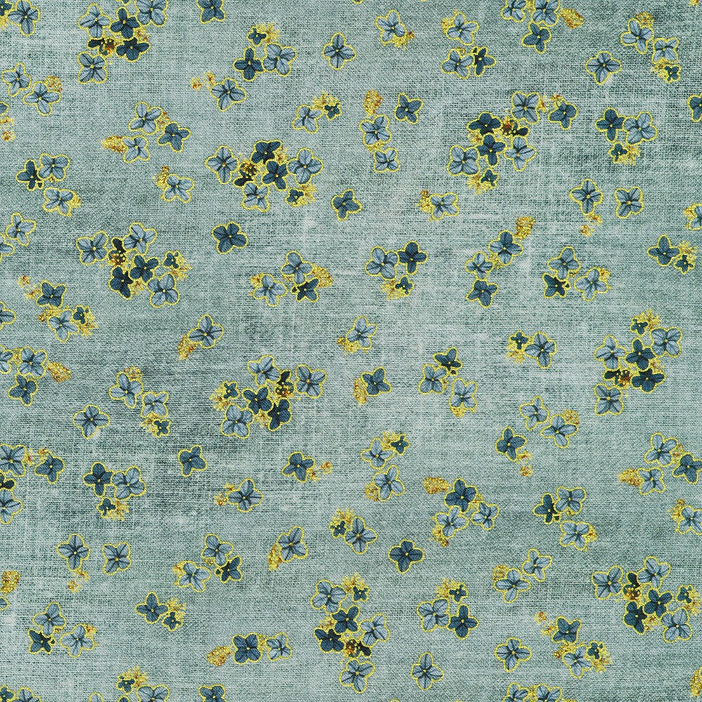 Hello Fall Small Flowers Dusty Blue Gold Metallic Lynnea Washburn Robert Kaufman Cotton Fabric RK-AWHDM-23921-68