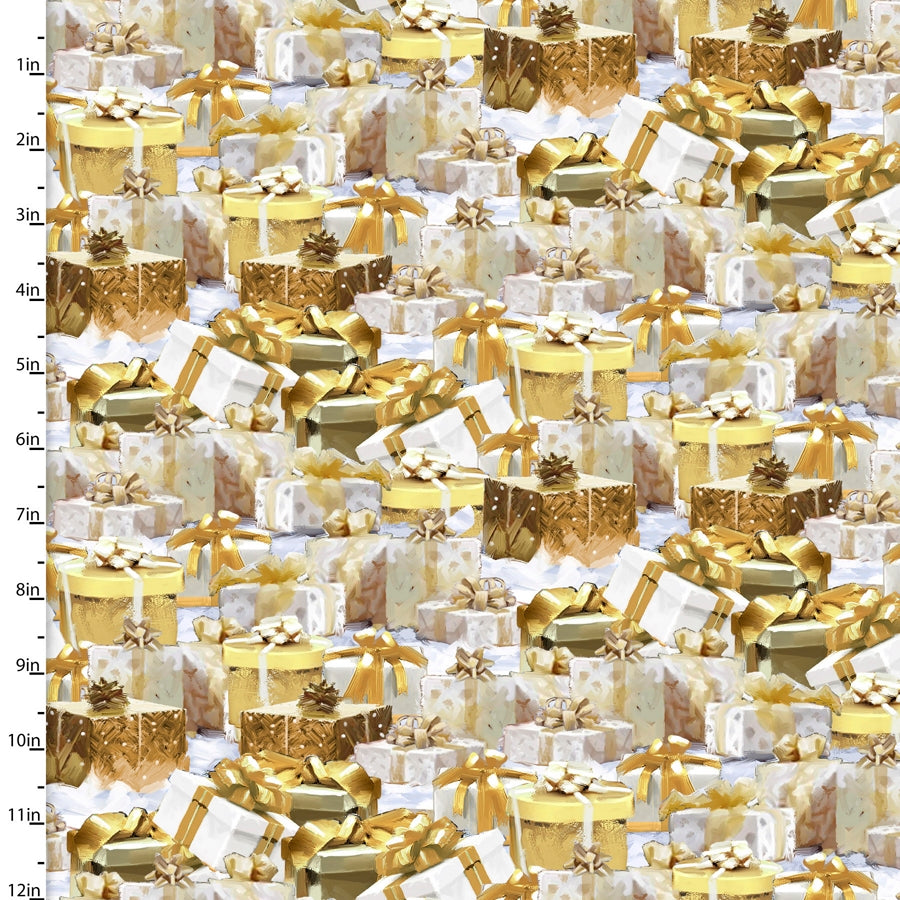 Here Comes Santa Packed Gift Galore Gold The Macneil Studio 3 Wishes Fabric Cotton Fabric