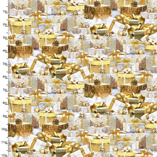 Here Comes Santa Packed Gift Galore Gold The Macneil Studio 3 Wishes Fabric Cotton Fabric