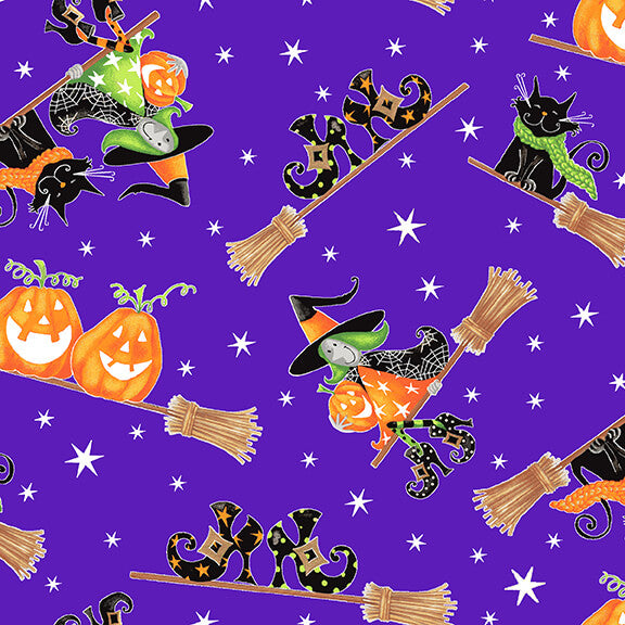 Here We Glow Halloween Flying Witches Purple Delphine Cubitt Henry Glass Cotton Fabric | US Fabric Shop