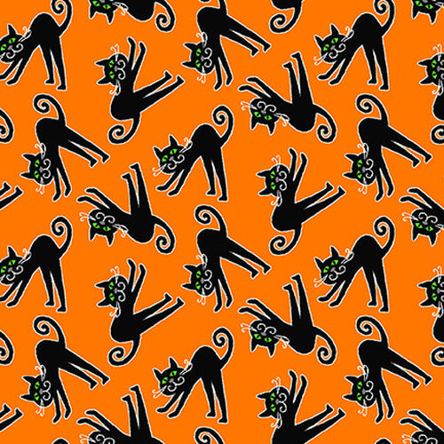 Here We Glow Halloween Tossed Cats Orange Delphine Cubitt Henry Glass Cotton Fabric