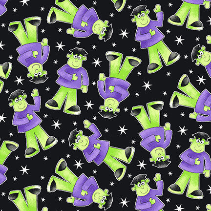 Here We Glow Halloween Tossed Frankenstein Black Delphine Cubitt Henry Glass Cotton Fabric