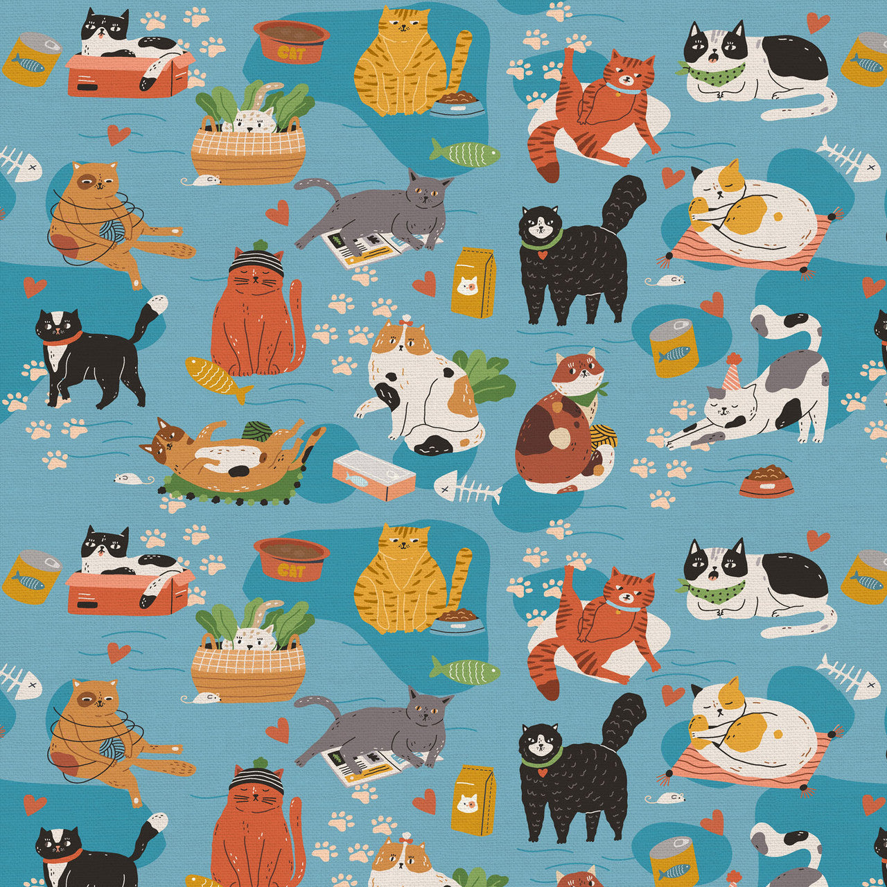 Here Kitty, Kitty Feline Frenzy Blue Paintbrush Studio Cotton Fabric PBS-120-24962