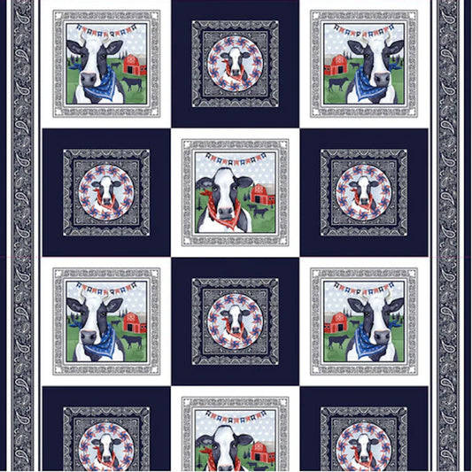 Heritage USA Cow Block Panel 23.5" Navy Blue Grace Popp Studio E Cotton Fabric