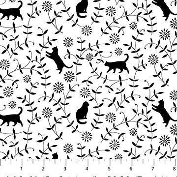 Hide and Seek B&W Cat Toss White Black Deborah Edwards Northcott Studio Cotton Fabric NC-27651-10