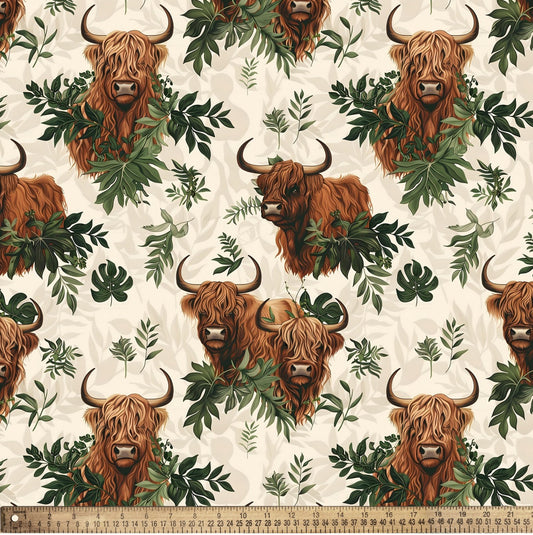 Highland Cow and Forest Allover Cream Multi David Textiles Cotton Fabric DT-DX-6917-5C-1