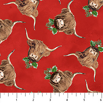 Highland Heart Cow Heads Red Multi Jason Kirk Northcott Cotton Fabric NC-DP28048-24