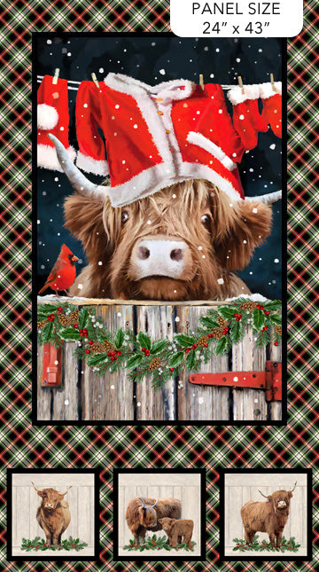 Highland Heart Cow Panel 24" Black Multi Jason Kirk Northcott Cotton Fabric NC-DP28045-99