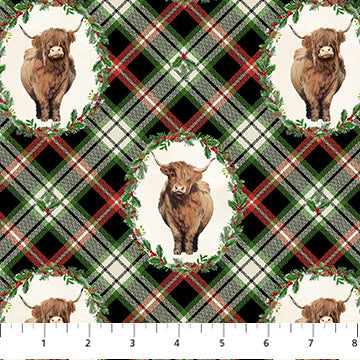 Highland Heart Wreaths Black Multi Jason Kirk Northcott Cotton Fabric NC-DP28047-99