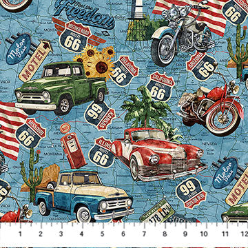 Historic Route 66 Car Truck Bike Toss Blue Multi Deborah Edwards and Melanie Samra Northcott Cotton Fabric NC-DP29242-48