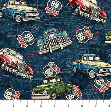 Historic Route 66 Car and Truck Toss Navy Blue Multi Deborah Edwards and Melanie Samra Northcott Cotton Fabric NC-DP29242-48