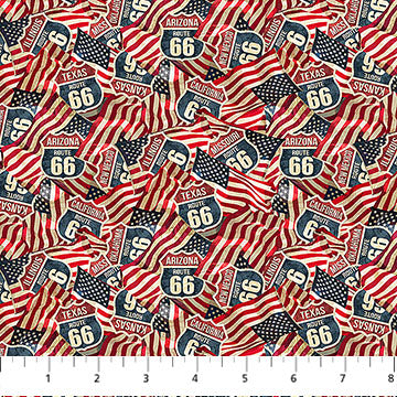Historic Route 66 Flags and Signs Red Multi Deborah Edwards and Melanie Samra Northcott Cotton Fabric NC-DP29246-24