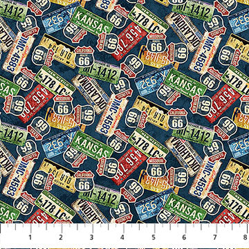 Historic Route 66 License Plates Navy Multi Deborah Edwards and Melanie Samra Northcott Cotton Fabric NC-DP29244-48