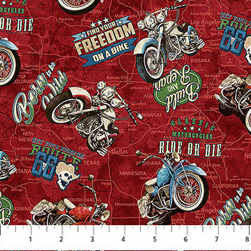 Historic Route 66 Motorcycle Toss Red Multi Deborah Edwards and Melanie Samra Northcott Cotton Fabric NC-DP29243-24