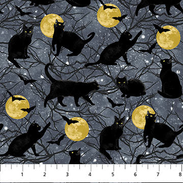 Hocus Pocus Black Cats Gray Multi Deborah Edwards Northcott Cotton Fabric