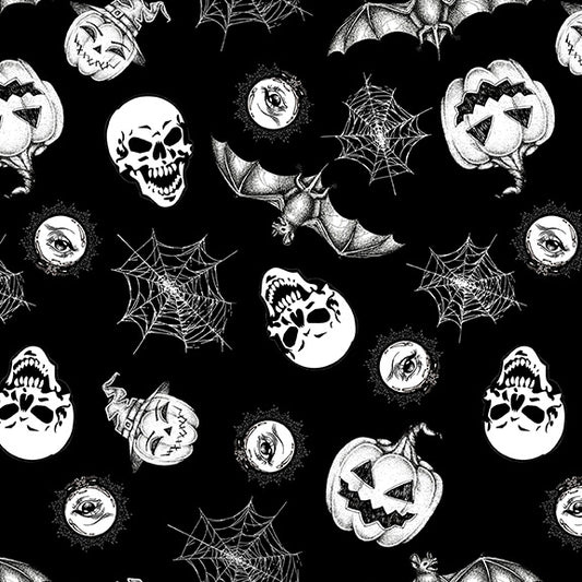 Hocus Pocus Halloween Glow Dark Tossed Halloween Motifs Black Blank Quilting Cotton Fabric