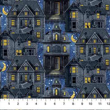 Hocus Pocus Haunted Houses Navy Multi Deborah Edwards Northcott Cotton Fabric