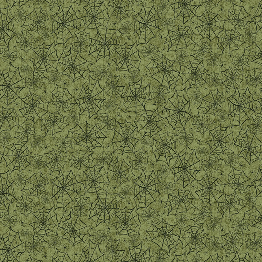 Hocus Pocus Allover Webs Olive Green Deane Beesley P&B Textiles Cotton Fabric PB-HPOC-5831-G