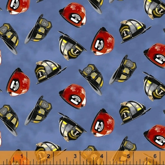 Hold the Line Firefighter Helmets Blue Windham Fabrics Cotton Fabrics