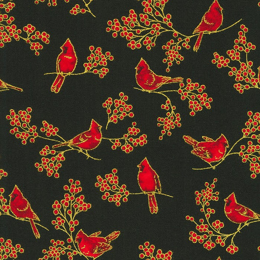 Holiday Charms Birds and Berries Black Robert Kaufman Cotton Fabric