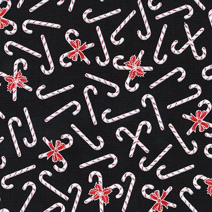 Holiday Charms Tossed Candy Canes Onyx Black Robert Kaufman Cotton Fabric