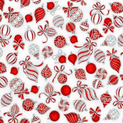 Holiday Charms Tossed Christmas Ornaments Scarlet Red Robert Kaufman Cotton Fabric