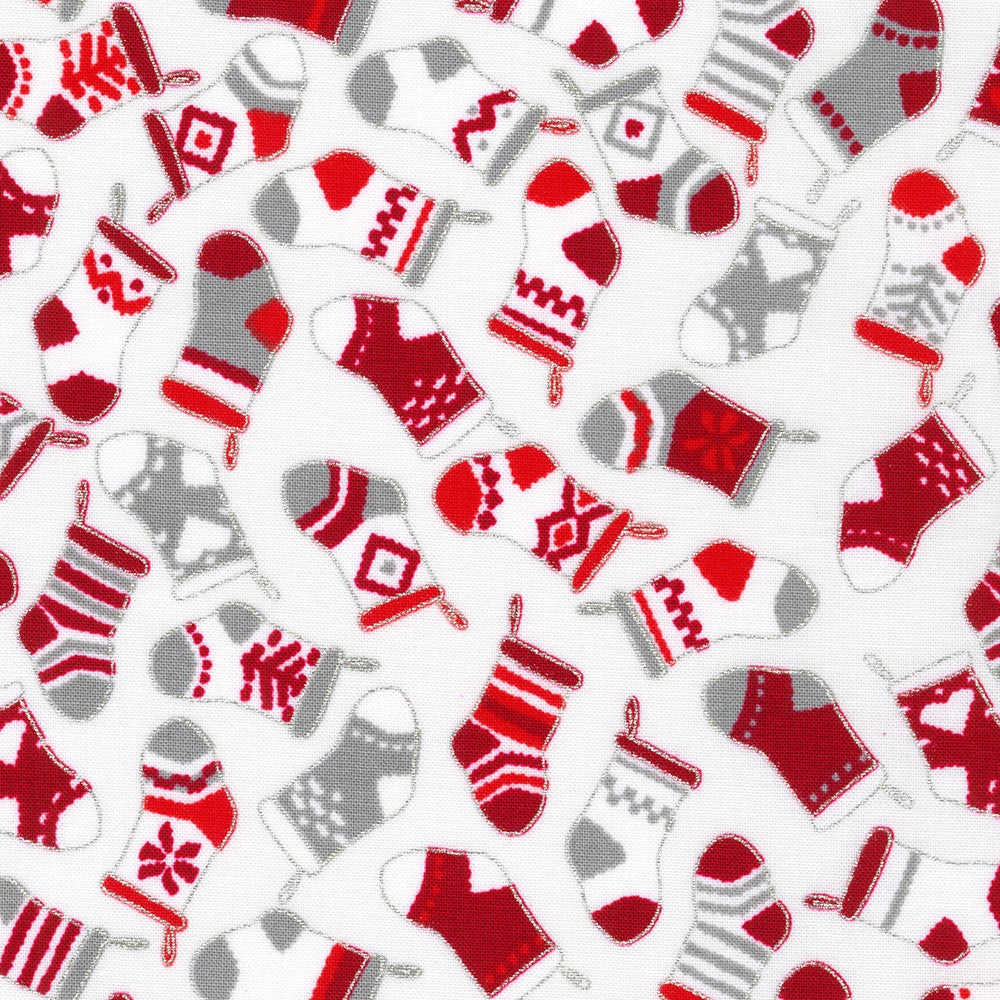 Holiday Charms Tossed Christmas Socks Silver Robert Kaufman Cotton Fabric