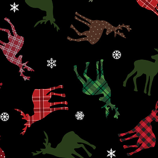 Holiday Farmhouse Plaid Tossed Deer Black Kanvas Studio Benartex Cotton Fabric