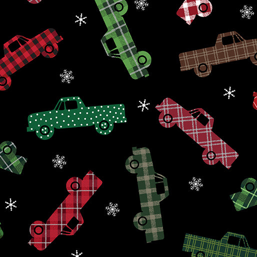 Holiday Farmhouse Plaid Trucks Black Kanvas Studio Benartex Cotton Fabric