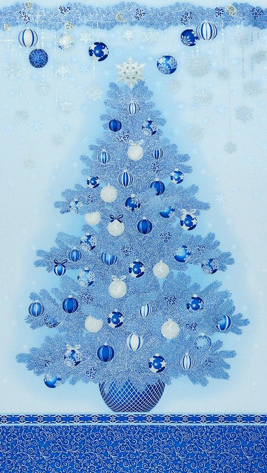 Holiday Flourish 15 Metallic Christmas Tree Panel 24" Blue Studio RK Robert Kaufman Cotton Fabric